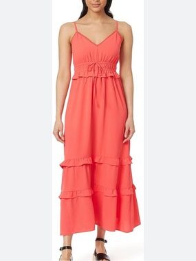 Coral Spaghetti-Strap Ruffle Maxi Dress
